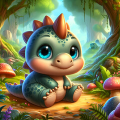 Funny & Cute Adorable Little Pudgy Cartoon Baby Dragon Stegosaurus Dinosaur Children Friendly Character in Animation Fantasy Tropical Forest Landscape for Kids. Nursery Dino Animals, Baby Room Shower.