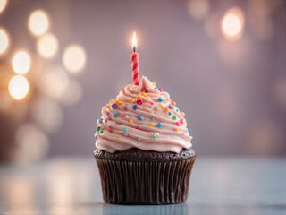 Delicious birthday cupcake on table on soft light 