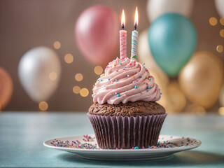 Delicious birthday cupcake on table on soft light 
