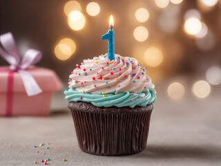 Delicious birthday cupcake on table on soft light 