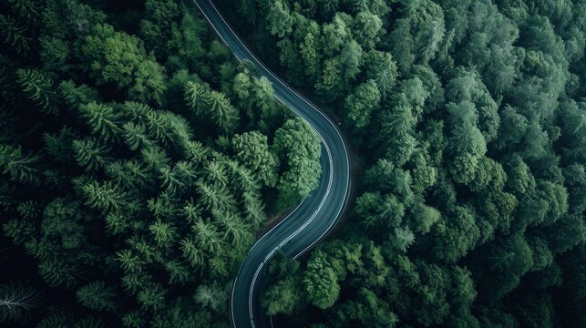 mountain road in a dark green forest generative ai