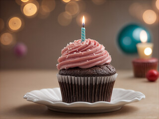 Delicious birthday cupcake on table on soft light 