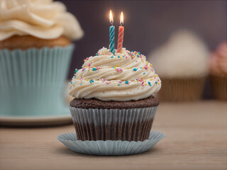Delicious birthday cupcake on table on soft light 