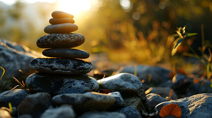 stack of stones on the beach, Stones on a pebble beach at sunset - obrazy, fototapety, plakaty