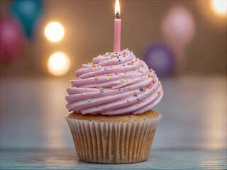 Delicious birthday cupcake on table on soft light 