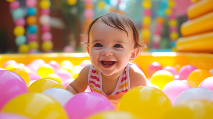 Fototapeta na wymiar Joyful Baby Girl Playing in a Colorful Ball Pit - Joyful Childhood and Playtime Concept