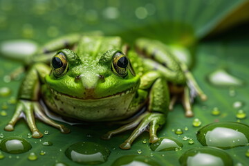 Obraz premium Green frog on the lotus leaf background