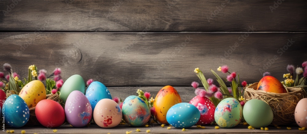 Poster a row of brightly painted easter eggs is displayed neatly on top of a rustic wooden table. each egg 