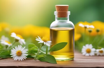 Obraz na płótnie Canvas Homeopathic bottle with wildflowers Alternative medicine concept Flat layout Copy space 
