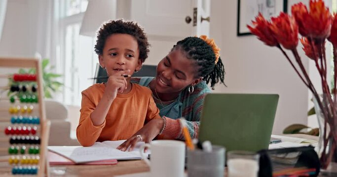 Homework, black family and mother with boy, learning and education with help and notebook. Parent, apartment and mama with kid or child development with knowledge and advice with guidance or thinking