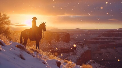 Obraz na płótnie Canvas Cowboy on horseback in wild rugged field in winter with snow.