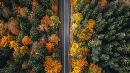 straight road through an autumnal forest generative ai