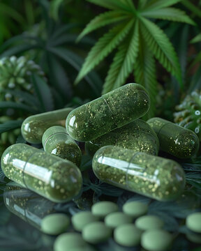CBD oil in glass bottles or hemp leaf tablets or capsules, green tablets. concept of medical cannabis pills in the laboratory