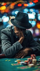 Lose money at the casino. Depressed man at poker table covering his face when he loses all the money. Ruin, gambling addiction, ludopata concept