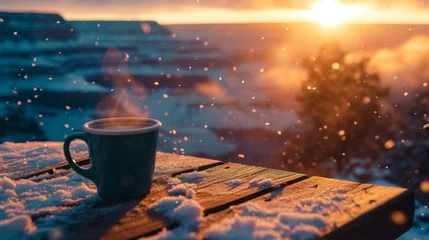Rolgordijnen Hot coffee cup in snow winter in rugged lands. © rabbit75_fot