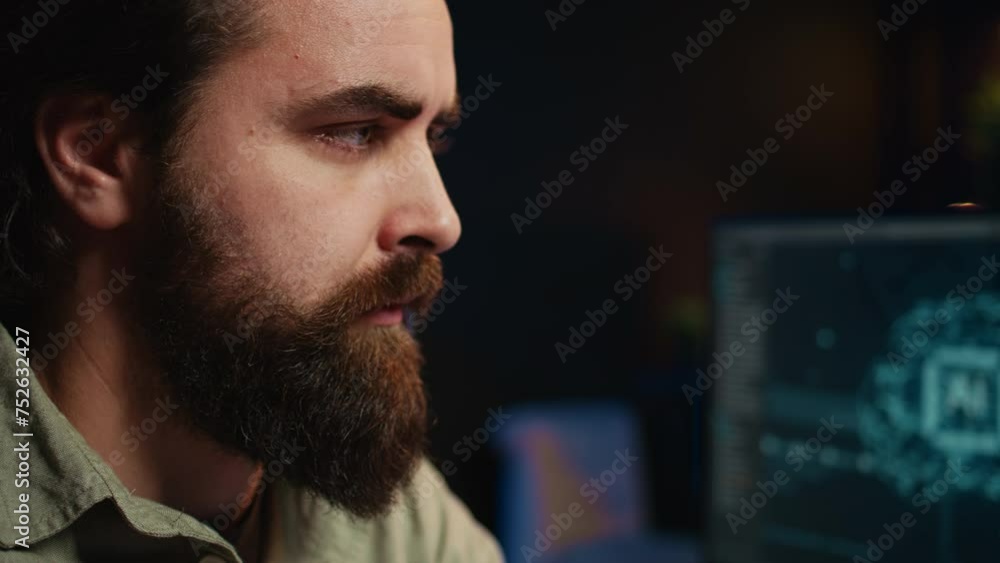 Poster stressed programmer updating artificial intelligence neural networks, writing binary code scripts. f