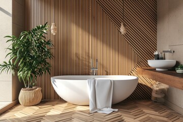 Modern Bathroom Oasis with Wooden Slats and Freestanding Bathtub - obrazy, fototapety, plakaty
