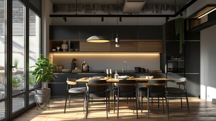 Luxurious Contemporary Kitchen Interior Design with Dining Area in Studio Apartment