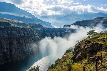 Fototapeta na wymiar Lesotho's Katse Dam: Misty High Country Engineering Marvel