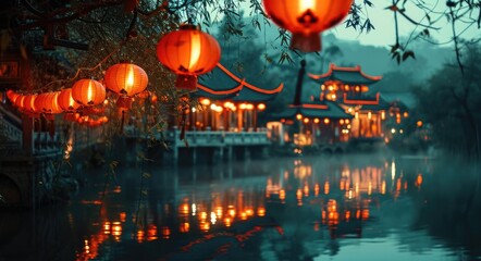 Naklejka premium Mid-Autumn Magic: Chinese Lanterns Over Water on a Serene Night