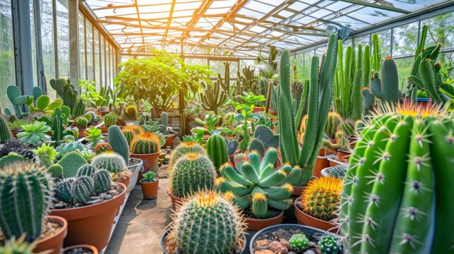 variety of cacti in a sunny greenhouse generative ai