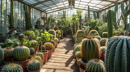 variety of cacti in a sunny greenhouse generative ai