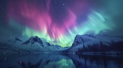 Photo sur Plexiglas Aurores boréales Beautiful aurora northern lights in night sky with lake snow forest in winter.