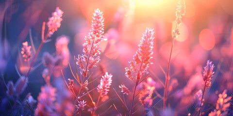 colorful grass in the lawn in the rays of the sunset A field filled with rows of lavender plants in full bloom with their fragrant purple flowers swaying gently in the breeze. - obrazy, fototapety, plakaty