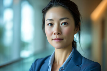 Asian executive woman wearing blue suit, on office blur background