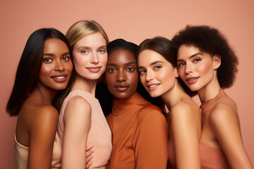 Fototapeta premium Four Confident Women Showcasing Beauty Across Different Ethnicities. Inclusivity in Fashion and Portrait of Elegance