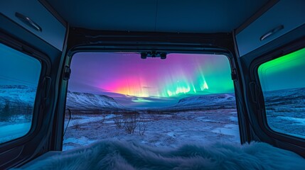 View from inside of a vintage camper van in wild snow field with beautiful aurora northern lights in night sky with snow forest in winter.