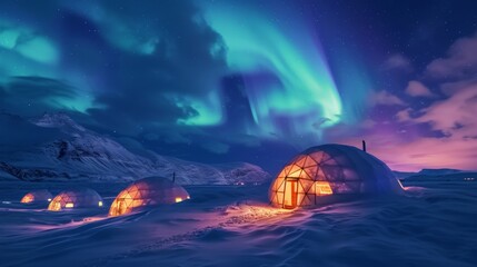 Igloos in snow field with beautiful aurora northern lights in night sky in winter. - 752633429