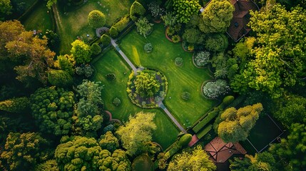 Beautiful garden overhead drone shot