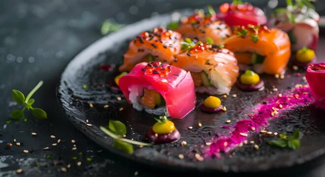 The vibrant colors of freshly prepared sushi on a minimalist plate, ready for an omakase course