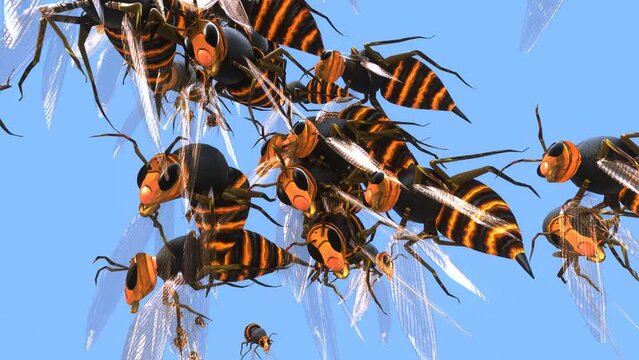 Swarm of wasps attacking you in the blue sky background as 3d modeling objects and materials.