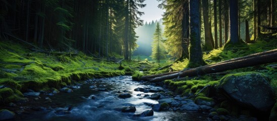 A stream peacefully meandering through a dense and vibrant green forest, under the canopy of towering trees and lush vegetation.