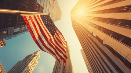 US national flag flying in air in New York city street - obrazy, fototapety, plakaty