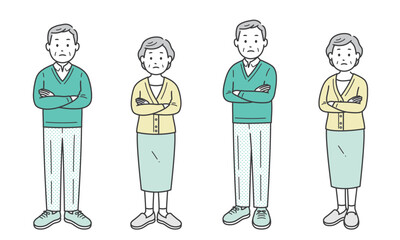 腕組みをして悩む高齢者男女全身
