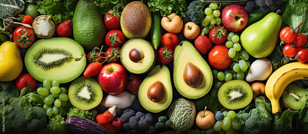 Poster a close-up view of a colorful assortment of fruits and vegetables, showcasing an array of apple, ban