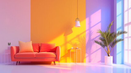 Trendy studio room interior with colorful lighting and colors.