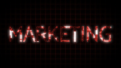 Neon sign with the word MARKETING glowing in red against on dark grid background.