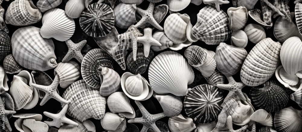 Poster a black and white composition featuring a collection of sea shells, showcasing intricate textures an