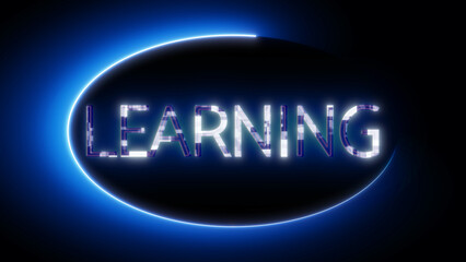 Neon sign with the word LEARNING glowing in blue light on a dark background.
