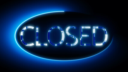 Neon sign with the word CLOSED glowing in blue on a dark background.