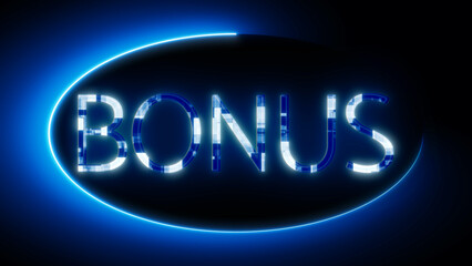 Neon sign with the word BONUS glowing in blue on a dark background.