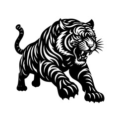 Black and white illustration of a running tiger. professional vector logo of a tiger. Tattoo design for a big cat.