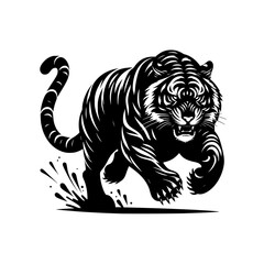 Black and white illustration of a running tiger. professional vector logo of a tiger. Tattoo design for a big cat.