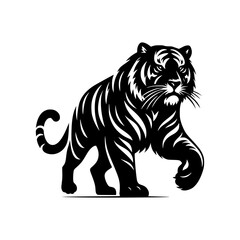 Naklejka na ściany i meble Black and white illustration of a running tiger. professional vector logo of a tiger. Tattoo design for a big cat.