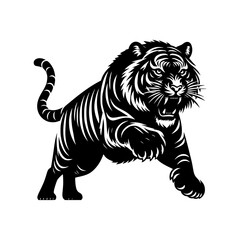 Obraz premium Black and white illustration of a running tiger. professional vector logo of a tiger. Tattoo design for a big cat.