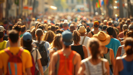 a crowd of citizens of different origins walking through one of the busiest streets of a large tourist city on a sunny day